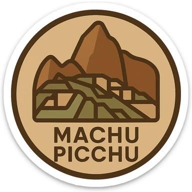 Transform the Machu Picchu logo into a circular badge shape, keeping the stylized mountain silhouette and earthy tones, preserving the transparent background, in a style that emphasizes natural earthy colors and a stylized mountain silhouette. sticker