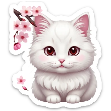 A cute  little  white cat and cherry blossom sticker