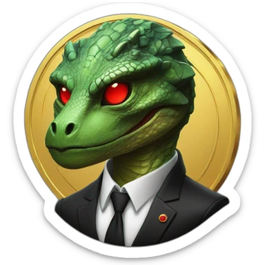 Reptilian with red laser eyes in black suite on the golden coin sticker