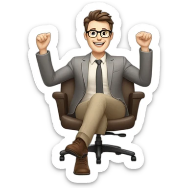 Joyful Celebrating victory Hands up Pale skinned Fit Man With dark brown hair in gray jacket, beige office shirt, Brown pants and vintage glasses sitting In a soft chair sticker