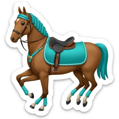 Horse with a eat bonnet teal, a saddle pas teal, polos teal on the legs and a black saddle sticker