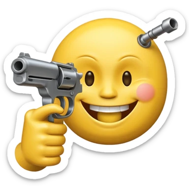 Yellow laughing face pointing gun at its own mount. The barrel of the gun is pointed towards the smile into the mouth. The back of the gun faces the viewer sticker