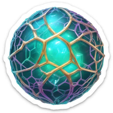 a glowing crystal orb with holographic circuits delicate bioluminescent vines. teal, purple, and gold sticker
