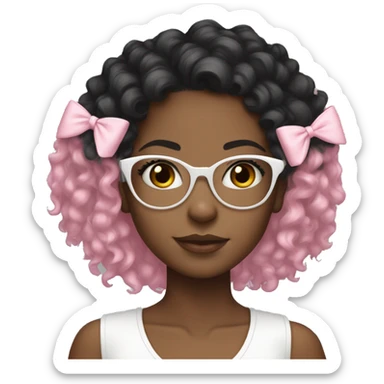 Black girl with black curly hair and a white top, clear glasses, pink hair bow, white hear necklace  sticker