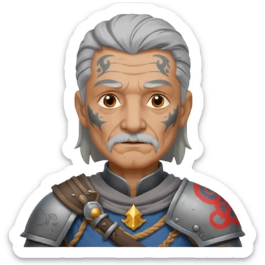 elderly tattooed knight, tattooed shoulder, long hair sticker