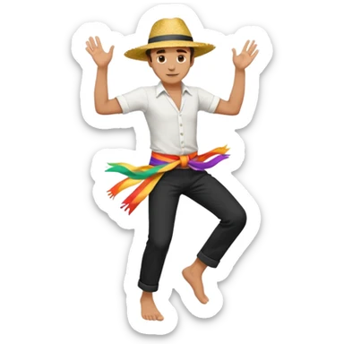barefoot man dancing in black pants, white shirt, colorful sash in his waist, rural wide-brimmed straw hat sticker