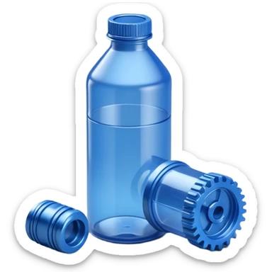 "A high-quality 3D isometric icon of a blue translucent PET plastic bottle standing next to a sleek metallic industrial gear. Clean studio lighting, white background, soft shadows, 3D clay render style, minimalist and professional." sticker