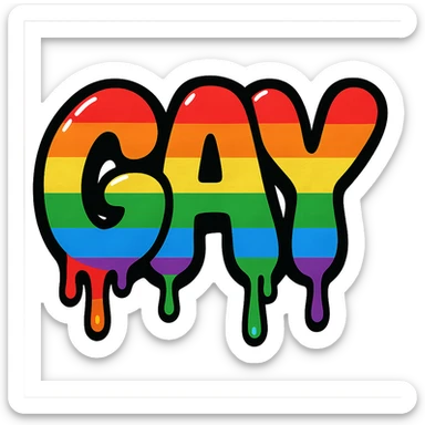 the word GAY in a graffiti bubble font with rainbow paint drips sticker
