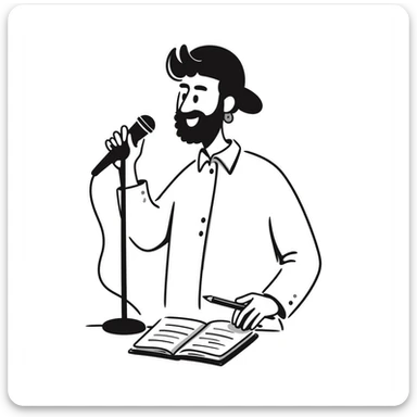 bearded songwriter in his 30s with backwards cap, enthusiastic smile, gripping microphone with one hand and pencil with other sticker