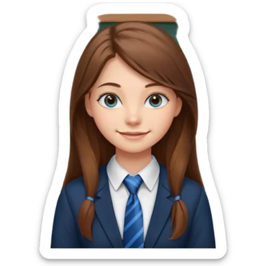 high school class room with a pretty female high school student with long brown hair, blue eyes, wearing a tie, sitting in front of the blackboard sticker