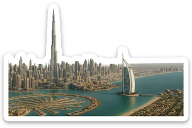 cinematic realistic emoji of Dubai, wide city view with iconic landmarks Burj Khalifa, Burj Al Arab, Palm Jumeirah, lifelike detail, accurate colors, bright daytime lighting, fully transparent background, no sky, no clouds sticker