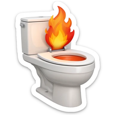 A smiling, happy white-colored toilet with fire coming from its bowl sticker
