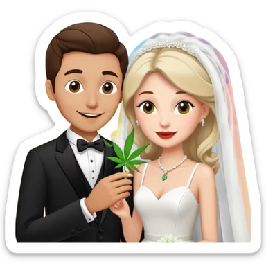 Bride in white dress and groom in tuxedo sharing a cannabis joint, cheerful cartoon wedding couple with vibrant colorful background sticker