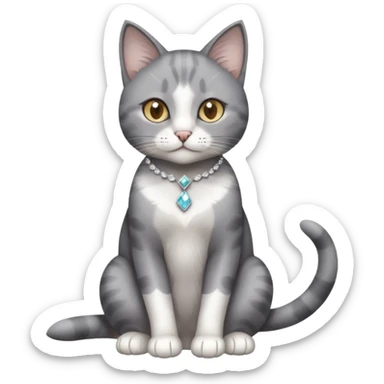 Grey cat with a white diamond spot on her chest and white markings on her paws sitting pretty sticker