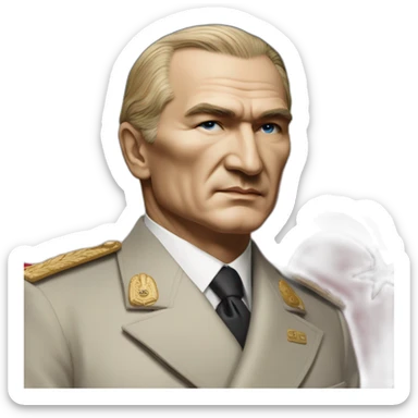 a portrait of mustafa kemal ataturk with blonde hair and blue eyes looking at turkey flag sticker