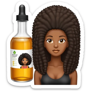 Hair growth oil serum bottle, label has a black woman with long afro hair. sticker