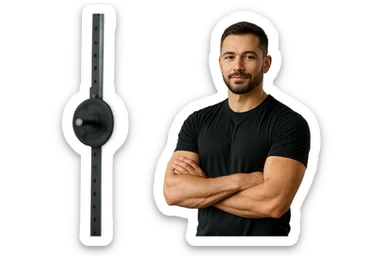 uomo sicuro di sè a braccia conserte, ben allenato e sereno, sullo sfondo una palestra sticker