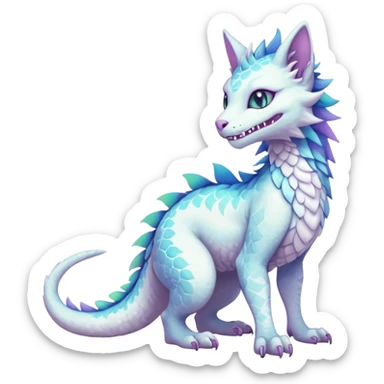 Kawaii white pastel iridescent beautiful pretty elegant divine edgy fantasy feline-vernid-sergal-Haku-dragon-fursona animal creature, full body with intricate markings  sticker