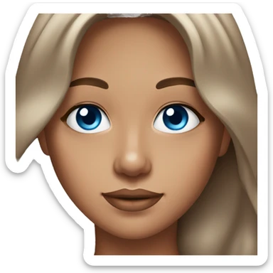 Beautiful tanned girl, long hair, brunette, Brown hair blue eyes, light pink lip color sticker