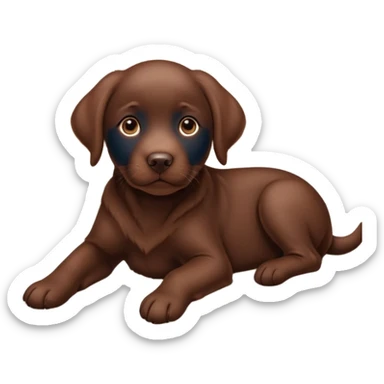 A chocolate Labrador Retriever puppy lying on a cozy carpet indoors, looking curious. Warm indoor light, realistic fur detail, shallow depth of field. sticker