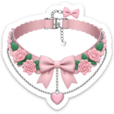 Pastel-baby-rose-pink Lolita-styled aesthetic cute kawaii choker-collar-necklace adorned with with white frills, roses, hearts, bow tie, silver chains,  sticker