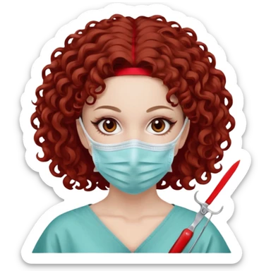 Lilith symbol seductress evil surgeon. Hair curly, and brown. Long curly brown hair. Red surgical mask and hair covering. She works for cartel and kills  with a scalpel. sticker