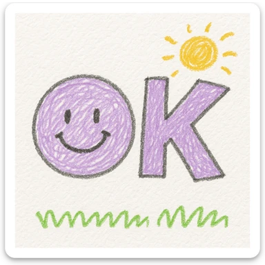 cartoon style 'OK' emoji with the 'O' as a lilac circle featuring a simple smiling face with two black eyes and a curved black smile, and the 'K' as bold lilac, blocky, slightly tilted right. Hand-drawn, chalk texture, pastel colors on a dark background sticker