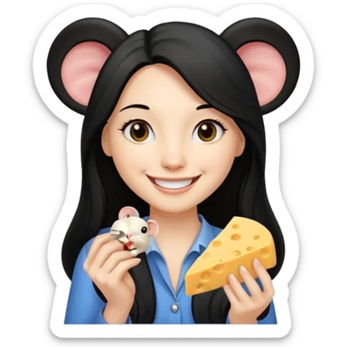 white woman with long black hair, smiling with mouse cheese sticker
