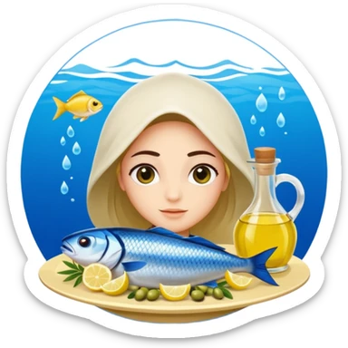 Mediterranean cuisine avatar in clean emoji-style illustration. Olive oil, fish, lemon, blue and sunny colors, light and fresh mood, flat design, high contrast. sticker