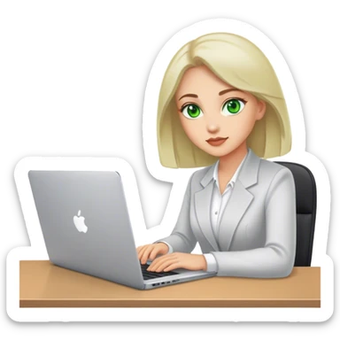 Green eyed woman sat at desk with laptop  sticker
