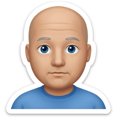 75,  bald, grey side hair, chubby, blue eyes, chin hair sticker