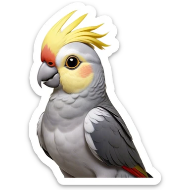 Cinematic Noble Cockatiel Portrait Emoji, Poised and regal, with a slender, delicate build and a beautifully groomed grey fur accented by vibrant yellow cheek patches and a graceful crest, deep-set soulful dark eyes, Simplified yet sharp and sophisticated features, highly detailed, glowing with a soft, dignified glow, high shine, intelligent and charming, stylized with an air of elegance, focused and attentive, soft glowing outline, capturing the essence of a watchful and confident avian companion, so majestic it feels as though it could flutter out of the screen with effortless authority! sticker