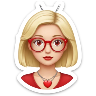 white girl head with short blonde bob hair slightly curled, red round glasses, heart necklace sticker