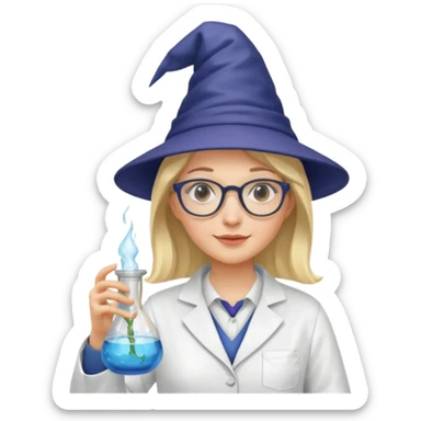 woman scientist with glasses, wearing wizard hat custome, with glass vase sticker