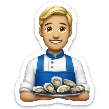 waiter in a blue apron holding oysters sticker