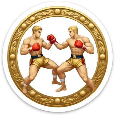 Round emblem symbolizing striking martial arts. The emblem features two fighters in dynamic stances, one delivering a powerful punch while the other defends with a block. In the center, a stylized fist and foot crossed to represent the essence of striking.  sticker