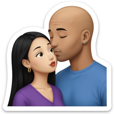Bald black with small beard deeply kissing a short younger looking asain women with long black hair and nose ring sticker