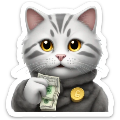 Grey and white domestic short hair cat in a fur coat smoking a cigarette and counting money  sticker