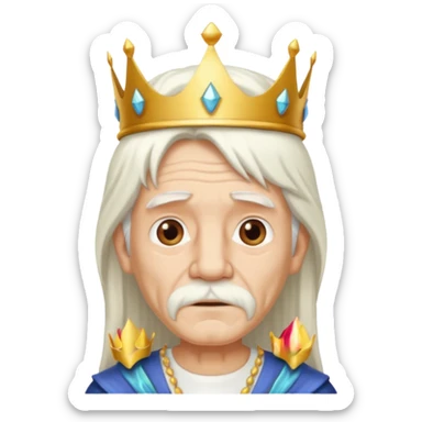 old man with long white hair and has no moustache wearing a white shirt and a crown sticker
