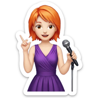 singer, Middle age, orange hair, happy, holding mic, wearing dress sticker