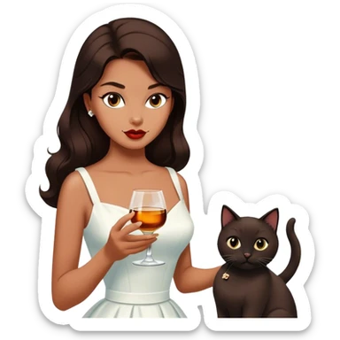 Beautiful woman in 1950’s woman fashion look, white dress, long dark brown hair, whisky with ice, black cat sticker