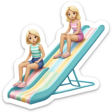 2 girls, blonde and brunette going down a pastel colorful striped slide  sticker
