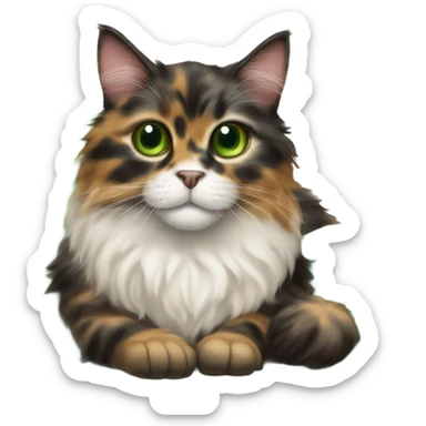 Long hair tortie cat with green eyes kneading a sheep skin throw sticker