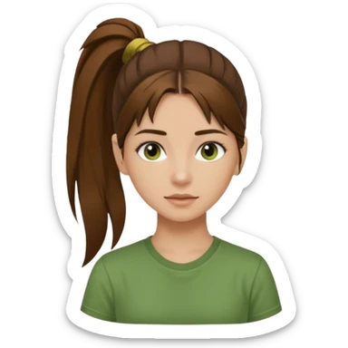 Make a zumba coach emoji, brown eyes, brown hair girl, green shirt withe "the roots" on it, longer pony tail hair sticker