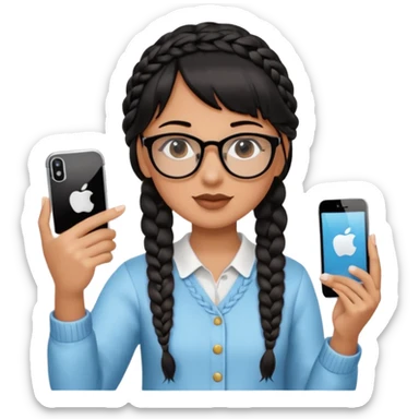 Black hair is braided to one side, braided to the left, and bangs, wearing horn-rimmed glasses, holding an iPhone white color and taking a mirror selfie so that Apple logo comes out sticker