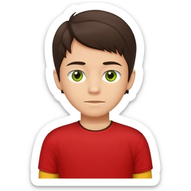 A portrait of a 14-year-old boy, he's got dark-brown hair, light brownish skin and green hazel eyes. he's wearing a red t-sirt with yellow sleeves. sticker