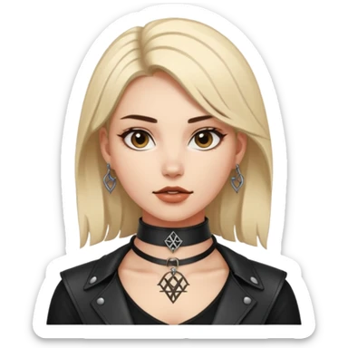 Leather choker with sigil around woman’s neck, pulse visible, dominance tone sticker