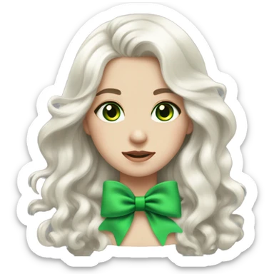 pale girl with long platinum white wavy hair with bright green eyes and wearing a black hair bow sticker