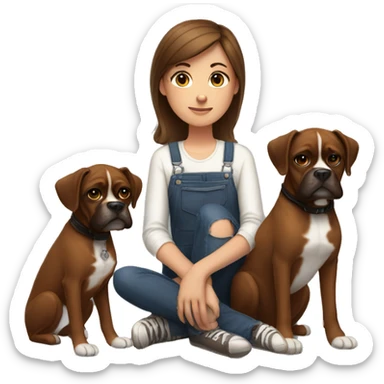 a girl with brown hair, sitting with two dark brown, boxer dogs sticker