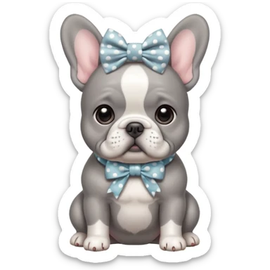 Gray French bulldog puppy with white belly, wearing oversized polka dot bow sticker